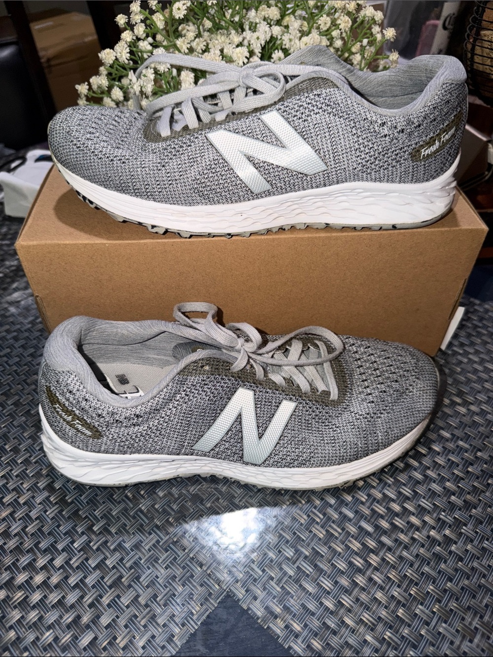 New Balance Women’s Gray Knit Athletic Sneakers with White N Logo